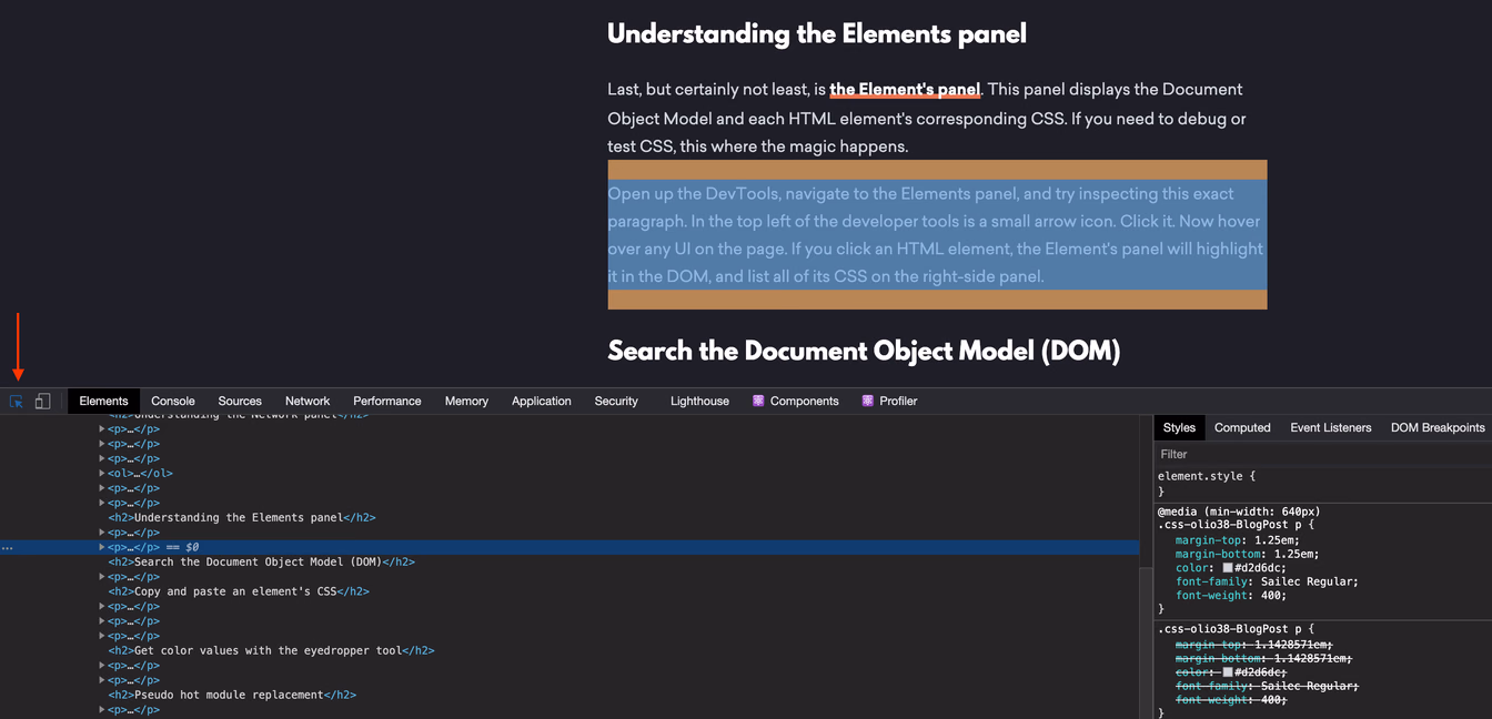 Inspecting the CSS properties of a paragraph element.