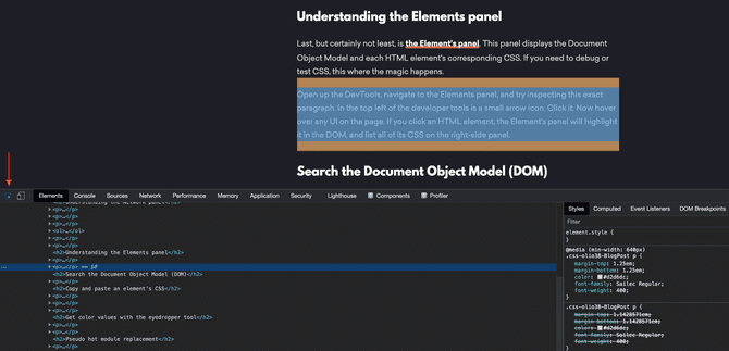 Inspecting the CSS properties of a paragraph element.